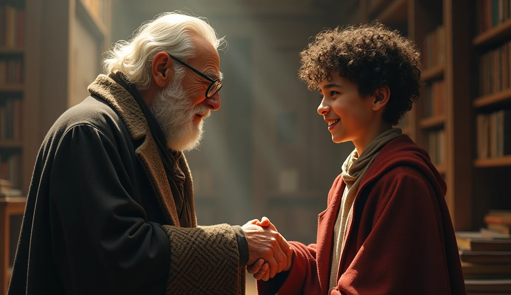 An old professor wearing glasses reflecting profound ancient wisdom shook hands with a young student with a grateful face and a smile.