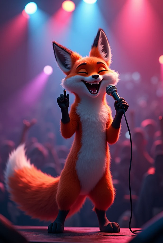 A fox singing into a microphone at a concert 