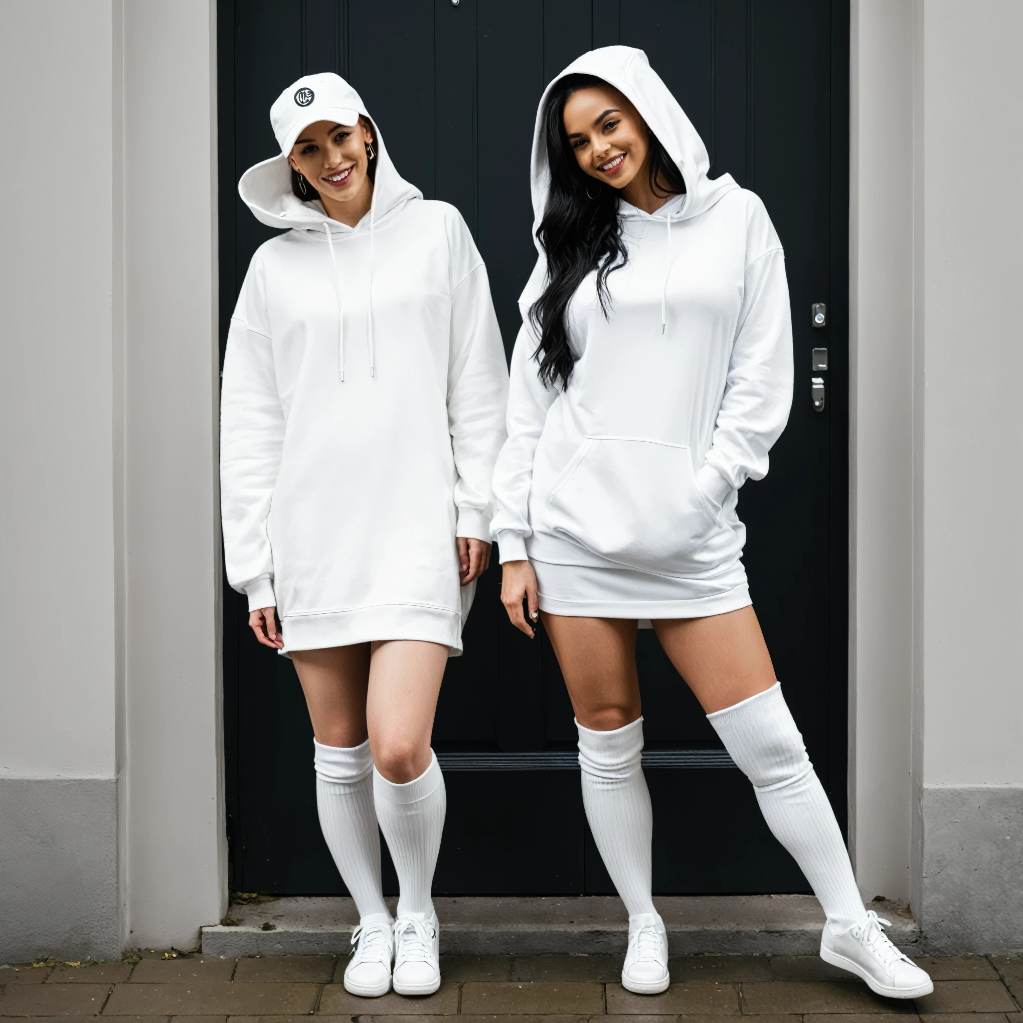 two women in white dresses and white socks standing next to a door, white trendy clothes, wearing white clothes, white clothing, in white clothes, white clothes, full length shot, all white, trendy white clothing, wearing an oversized hoodie, 2 techwear women, goddesses, head to toe, white and black clothing, stripy knee socks, diverse outfits, spring season, white camo baseball cap, grinning, slim, very busty models, diverse mixed race models