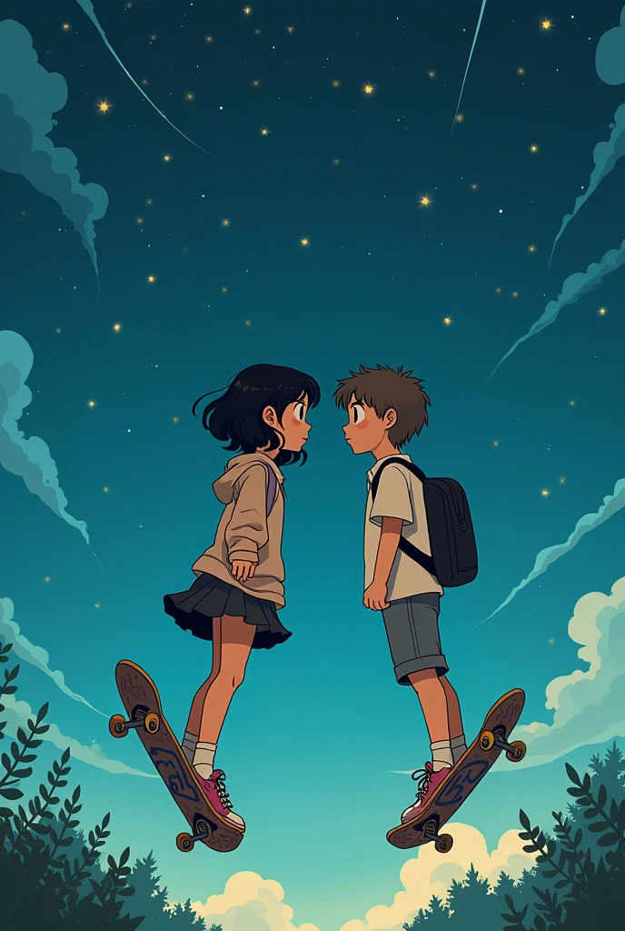 Create an image with a 'studio guibli' drawing style, with fantasy theme and sakaters, that it is night in the background, illustrations as if under the effects of drugs, with a girl with short wavy hair and a Wolf cut and a boy with a shag cut, that they are floating in the sky and staring at each other, with vintage clothes, with stars, and shooting stars, with sk8 graffiti and 2 skateboards