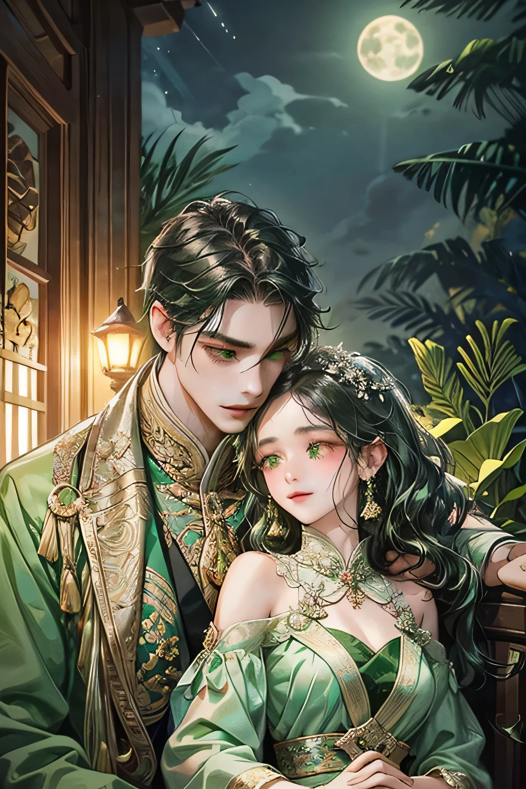 couple, javanese style, smile and charming, quiet but gentle, green attire suit, light green eyes, black hair, night sky, kissing under the moon, black wavy hair, kebaya, indonesia temple, javanese style,masterpiece, detailed eyes, detailed body, accurate