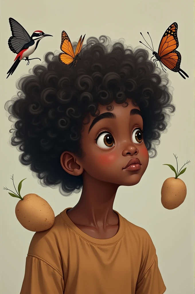 A curly-haired black teenager, black hair, brown, not so white, not so black, very brown, thinking about a butterfly, potato, woodpecker