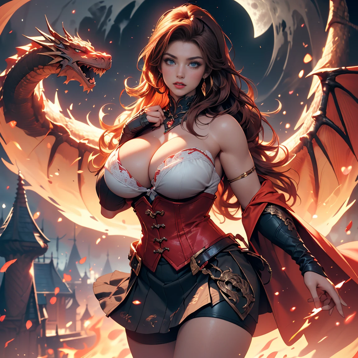 1 woman, Pretty Caucasian (female), Sarah Shahi, a slim but muscular body, huge breasts, ((tall and beautiful magical girl)) ((big blue eyes)) ((dark eyeshadows make up)) (()) ((pale skin)) ((bright red lips)), ((very long wavy redhead hair pony tail, bright hair)) ((big breast:1.7)) ((slender body:1.3)) ((wear fantasy magical strapless corset, short skirt)) ((earrings, long cape)) ((action pose)) ((dragon breathing fire flying, magic sparks floating around)) ((on tower castle at night)) ((kigdom landscape lights at night, full moon)) ((high definition:1.5)) ((masterpiece:1.5))((8k:1.5)) ((Best quality:1.4)), more_details:-1, more_details:0, more_details:0.5, more_details:1, more_details:1.5, exposed thighs, exposed naked hips, half naked