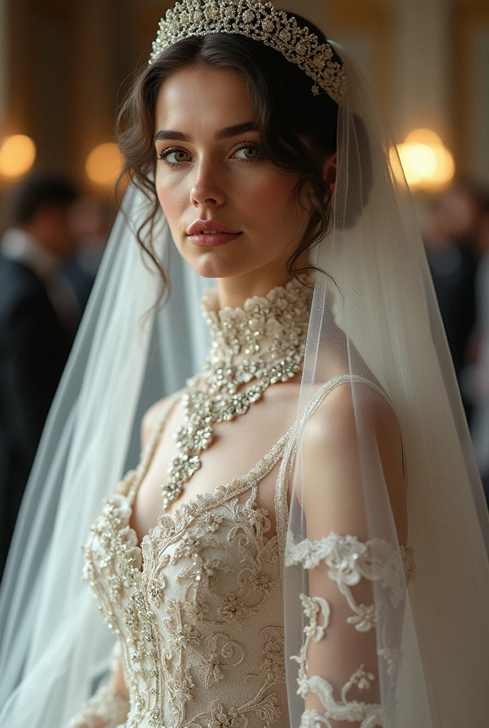 European woman model with veil . Wearing a high-neck wedding dress. show full body. Extremely luxurious. 