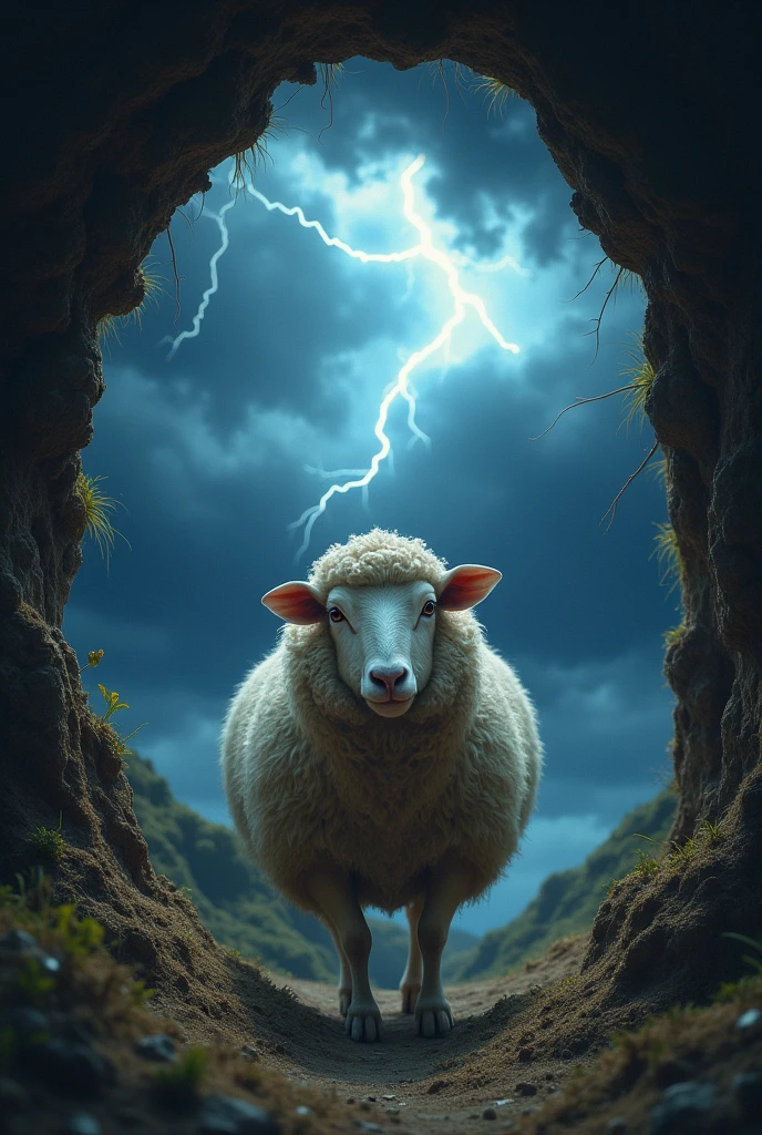  A SHEEP COMING OUT OF A HOLE IN THE GROUND, DARK SKY WITH LIGHTNING AND STORM .