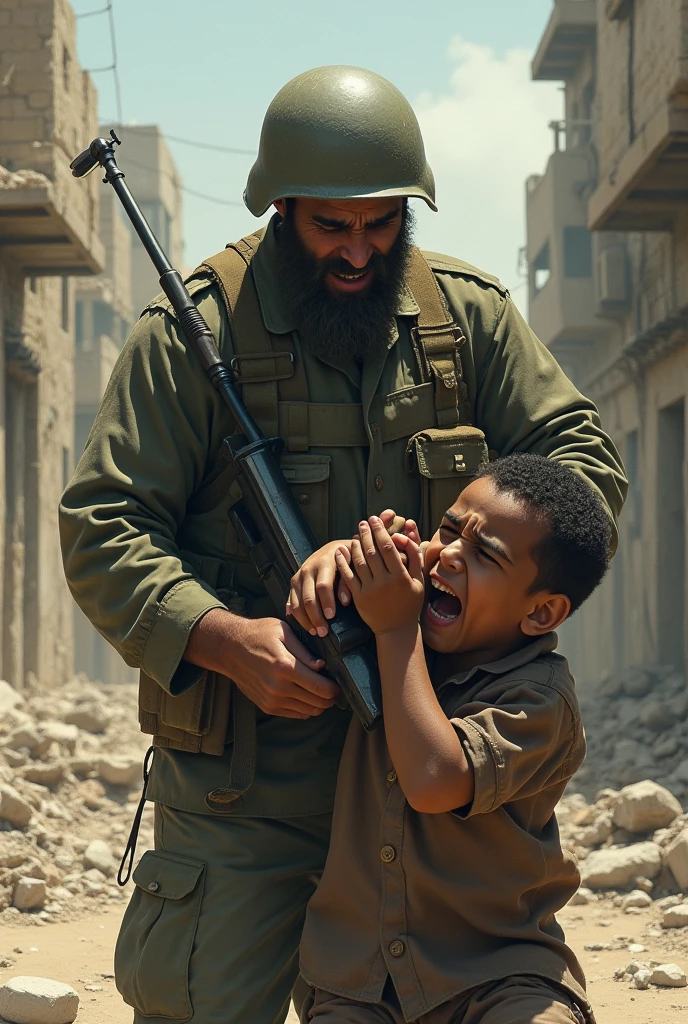 An Israeli soldier chopping off the hand of an Arab boy