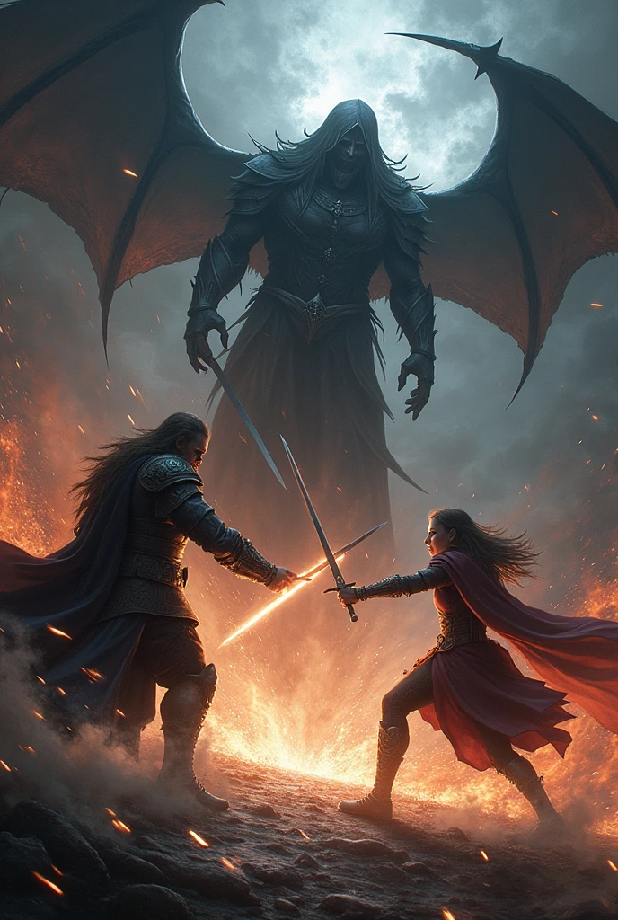 Kael, engaged in a fierce battle with the demonic general, their swords clashing in a shower of sparks. Background, Zaria faces the towering spectral figure of her father, The Shadow of a Thousand Tears, with dark energy swirling around them.