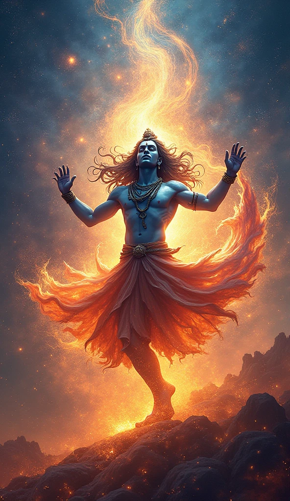 “An abstract visualization of cosmic energy flowing throughout the universe. Vibrant colors and swirling patterns represent the energy emanating from Shiva’s dance, breathing life into every element and creating a pulsating rhythm that reverberates across the cosmos.”