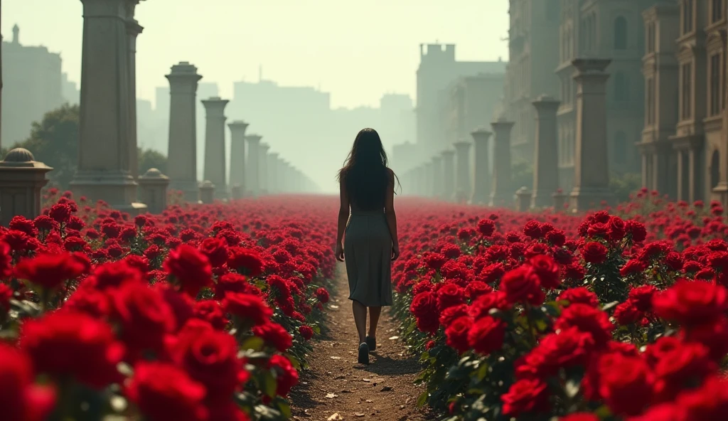 2024; (masterpiece, best quality) destroyed city roses on the floor(Abuja); woman walking in a cemetery with millions of roses on the ground.