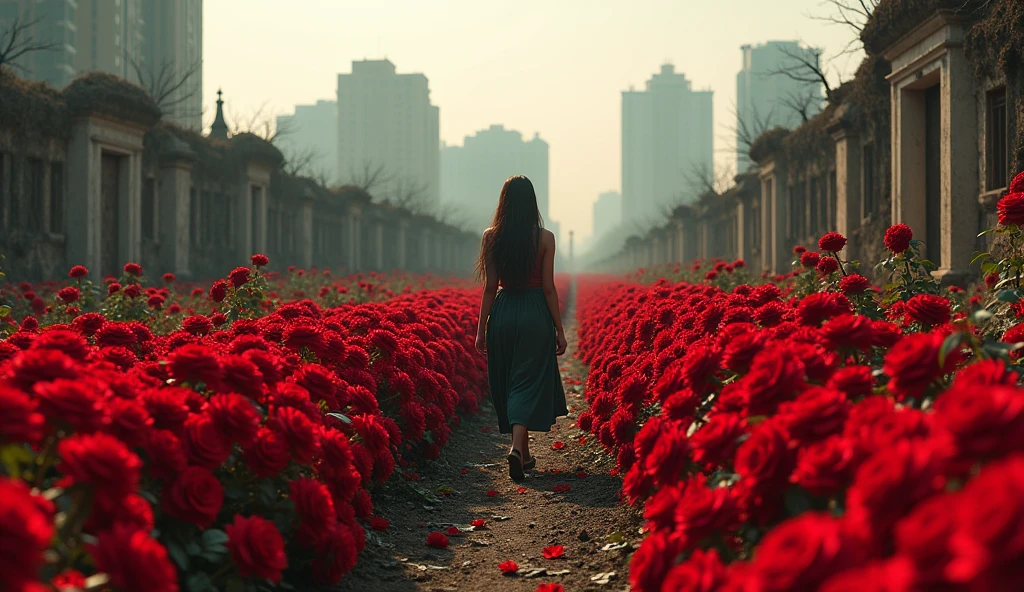2024; (masterpiece, best quality) destroyed city roses on the floor(Abuja); woman walking in a cemetery with millions of roses on the ground.