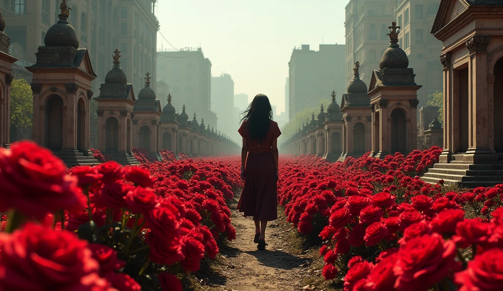 2024; (masterpiece, best quality) destroyed city roses on the floor(Abuja); woman walking in a cemetery with millions of roses on the ground.