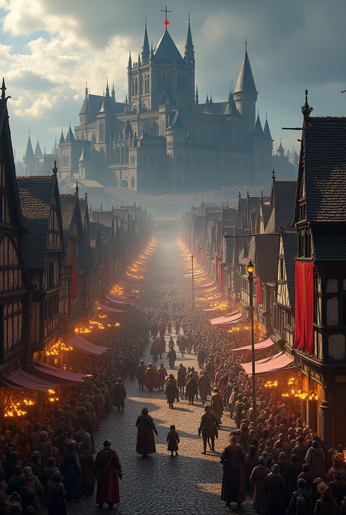 Create a huge open-plan medieval city celebrating a tournament with a night-black castle in the background 