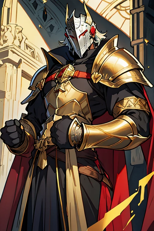 Ghost man, Classic medieval knight helmet gold, Red eyes, black aura, black skin, muscular, Golden armor, with bare chest