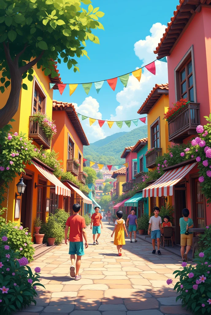 Prompt: Show a bright, colorful village where everything is vibrant and happy. A 9:6