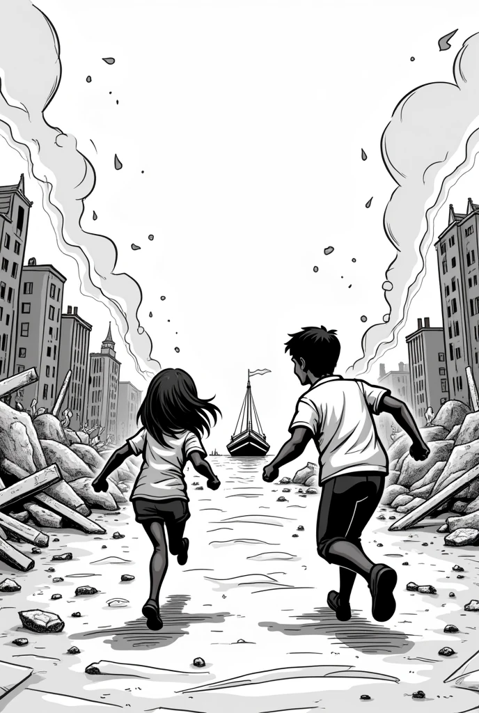Make an easy to draw black and white drawing that isn't too realistic, of a man and a woman running towards a boat while everything around them is being destroyed and burned. put them running towards the sea to a boat