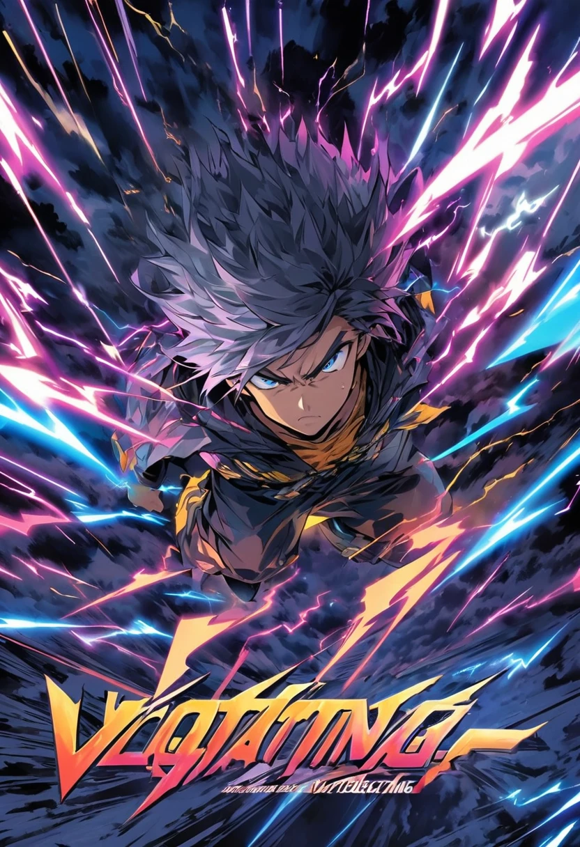 "Design a comic book cover titled 'Voltage' featuring a boy flying upward, surrounded by intense, crackling lightning. The boy is positioned dramatically in the center, his face showing fierce determination as his clothes and hair billow wildly in the storm. The background should be a stormy, dark sky with swirling clouds, while the bright, jagged lightning bolts highlight the boy's powerful ascent. The title 'Voltage' is prominently displayed at the top in bold, dynamic lettering, with vibrant colors that stand out against the stormy backdrop. Subtle details like small text boxes or taglines are included to enhance the authentic comic book cover feel."
