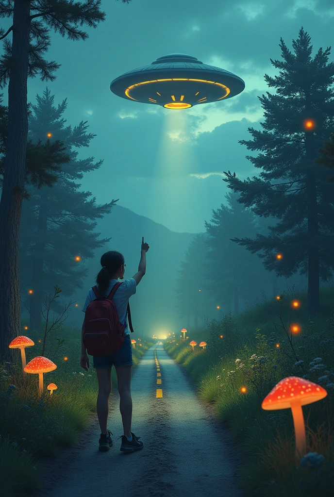 A road with lots of vegetation, a female traveler with a backpack on her back raising her thumb asking for a ride to a UFO at dusk with fireflies in the air and mushrooms on the ground