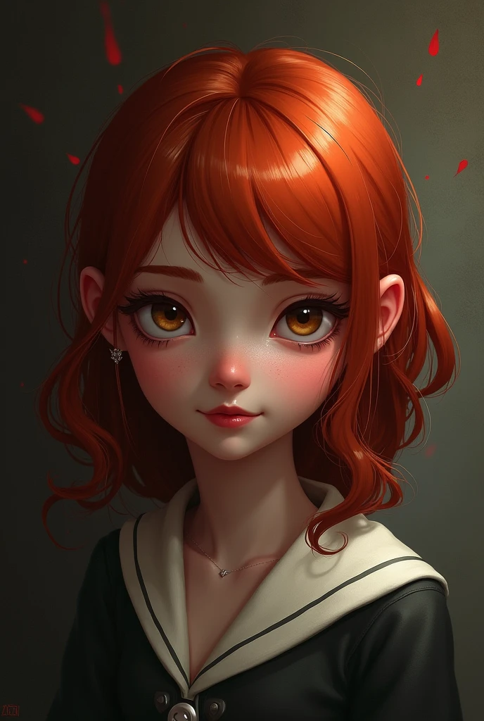 Short red haired depon girl who smiles with vengeance