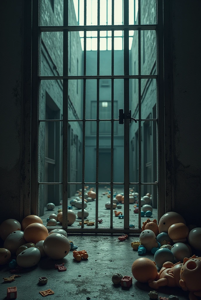 A prison,show from out side of cage,have many kid toys