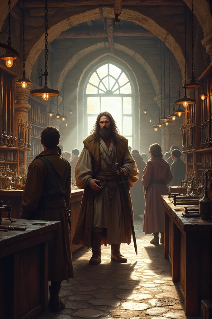 (AIVideo), medieval time, a sword store people going in and out of the store, the seller next to the counter is a long haired man with beard.