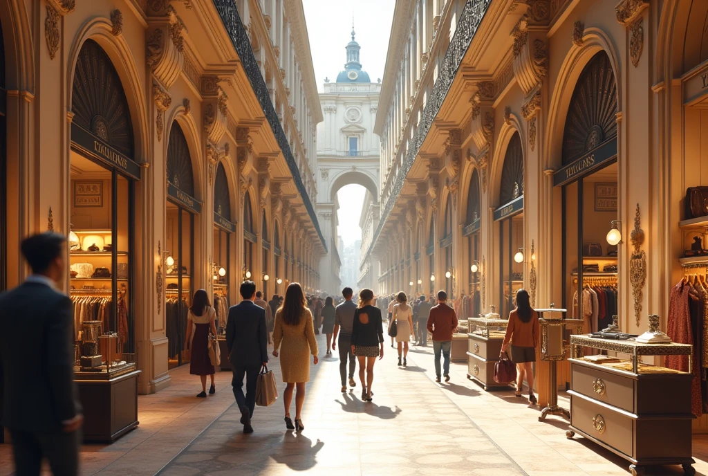 a high-end italian style fashion boutique with various luxury fashion products on a bright sunny day, crowded with people, (best quality,4k,8k,highres,masterpiece:1.2),ultra-detailed,(realistic,photorealistic,photo-realistic:1.37),interior,storefront,tall windows,intricate architectural details,ornate facade,luxury brand logos,elegant mannequins,designer clothes,handbags,shoes,accessories,bright natural lighting,warm color tones,people shopping,browsing merchandise,smiling expressions,fashionable outfits,bustling atmosphere