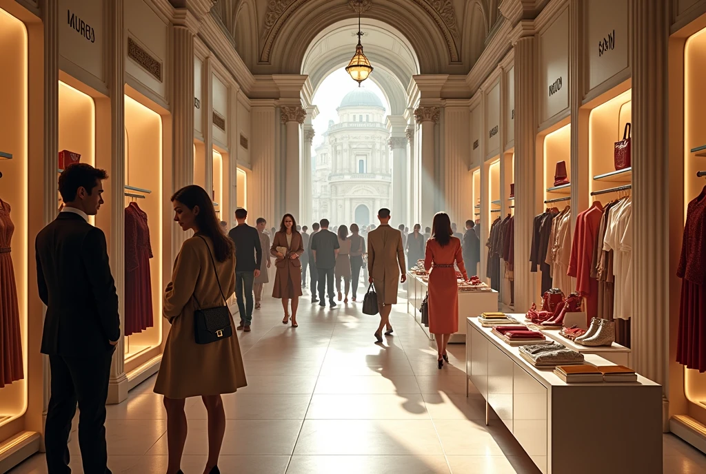 a high-end italian style fashion boutique with various luxury fashion products on a bright sunny day, crowded with people, (best quality,4k,8k,highres,masterpiece:1.2),ultra-detailed,(realistic,photorealistic,photo-realistic:1.37),interior,storefront,tall windows,intricate architectural details,ornate facade,luxury brand logos,elegant mannequins,designer clothes,handbags,shoes,accessories,bright natural lighting,warm color tones,people shopping,browsing merchandise,smiling expressions,fashionable outfits,bustling atmosphere