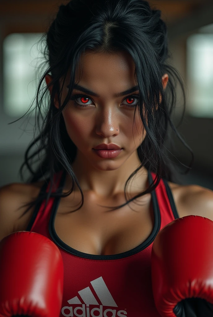 Girl with black shoulder long hair ,red eye ,sport red black addidas clothes ,muscular, Kickboxing ,Kick ,intesiever blick,Greek,Asian,