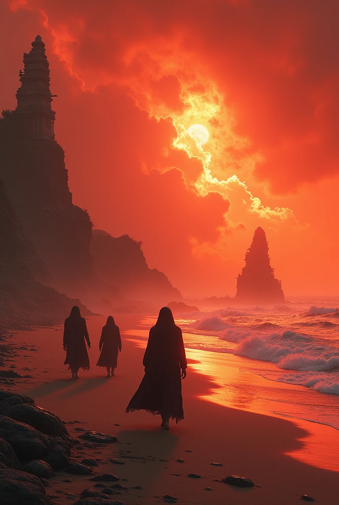 Red atmosphere beach with a flame sky, flat sand continental side with some temples scattered around, faceless people wandering, turbulent sea
