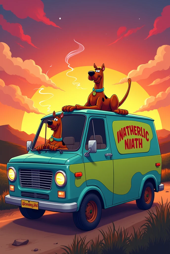 Cartoon,scooby doo and shagy,smoking on the car,at sunset