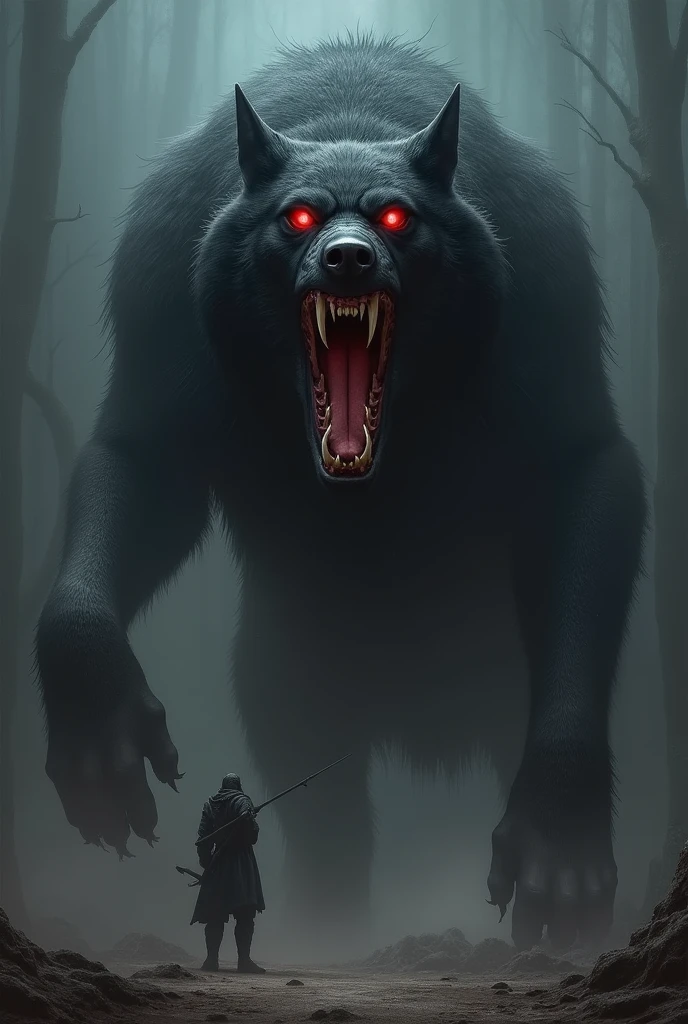 A big black jaint dog with red eye bluding and jaint teeth