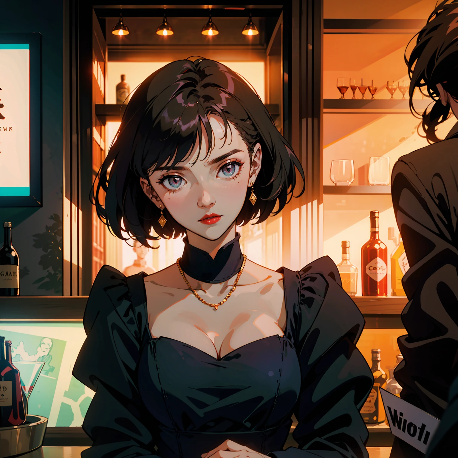 Classic bar counter in a luxury hotel,While drinking a cocktail, A dress with atmosphere, Adult women , Mysterious look, (Backlight: 1.1), A scene from a movie, Soft Shadows, masterpiece, Highest quality, Complex, Model shooting style, Film Grain, Close-up shot from an angle、Red lipstick、Blue tones