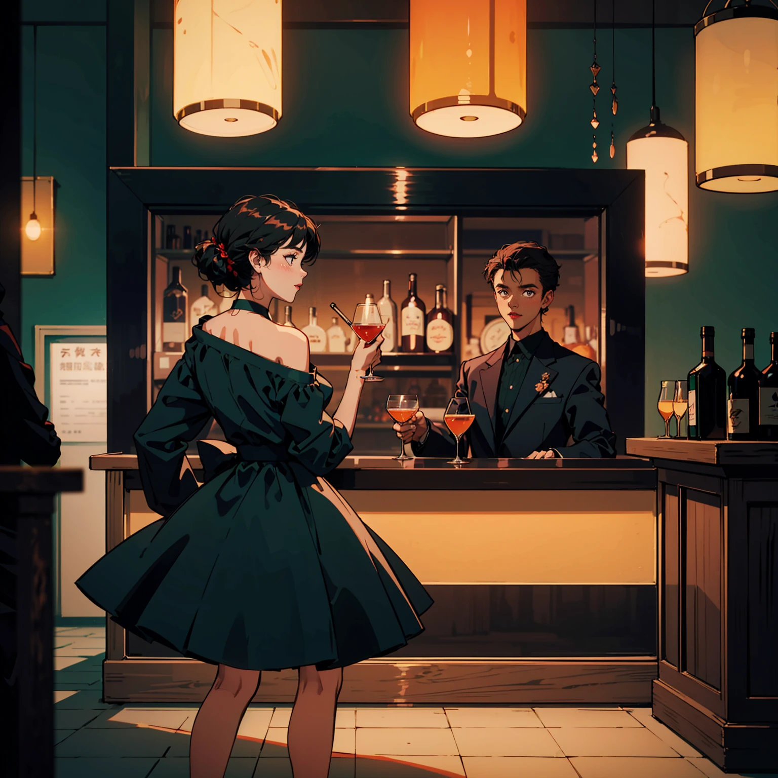 Classic bar counter in a luxury hotel,While drinking a cocktail, A dress with atmosphere, Adult women , Mysterious look, (Backlight: 1.1), A scene from a movie, Soft Shadows, masterpiece, Highest quality, Complex, Model shooting style, Film Grain, Close-up shot from an angle、Red lipstick、Blue tones