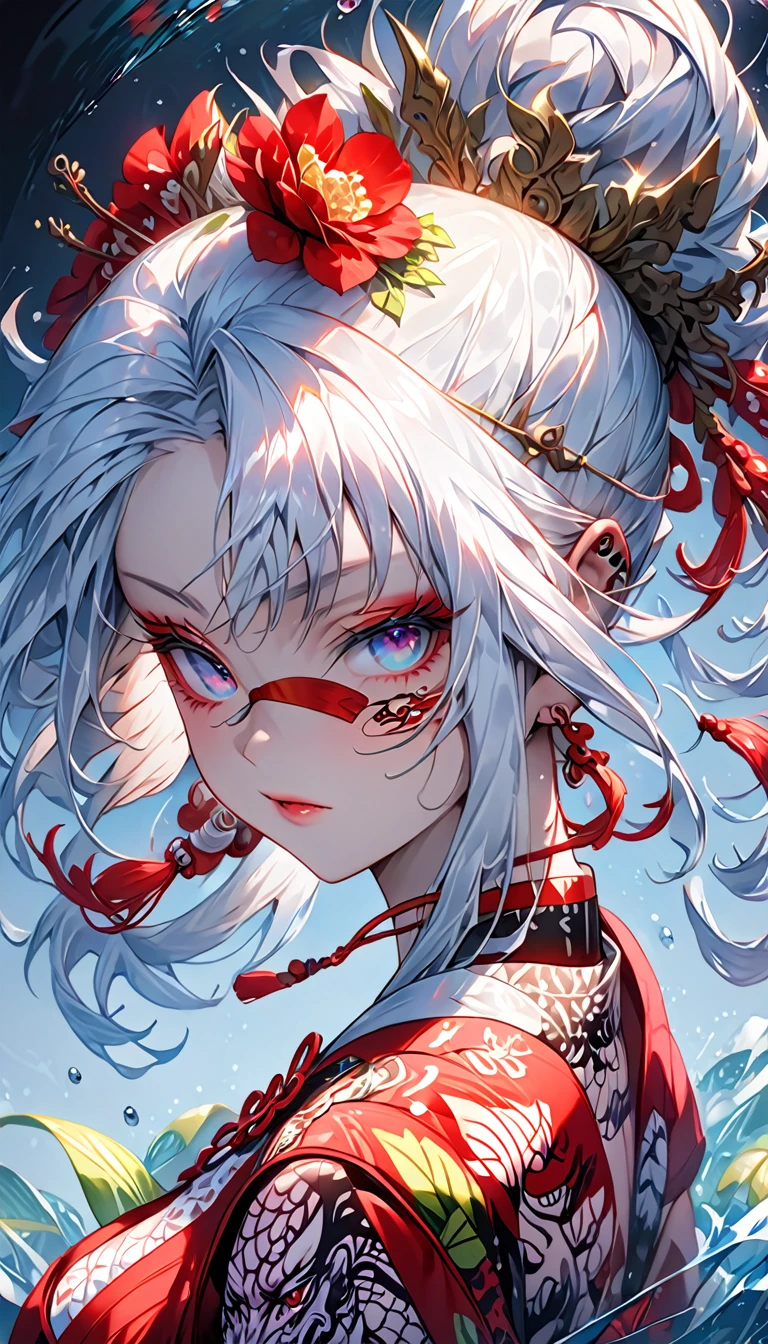 Ink painting, (((1 girl )), (((Tattoo in the middle of the forehead))), (((Oiran))), (((Great hair accessories))), Demon possession, ((Eye patch over:1.3)), (((Masterpiece、Highest image quality、Highest quality、Extremely detailed unit 8ｋWall paper))), ((Illustration of one girl、Upper body covered))、(((beautiful girl))),  girl swimming underwater, Very detailed presentation style, It shines, Red Rose, light blue, brushwork, Ultra Realistic Oil Painting, Bright eyes, Head up close, Exaggerated perspective, Tyndall effect, drop of water, rainbow pearl, 3d white, black background,
