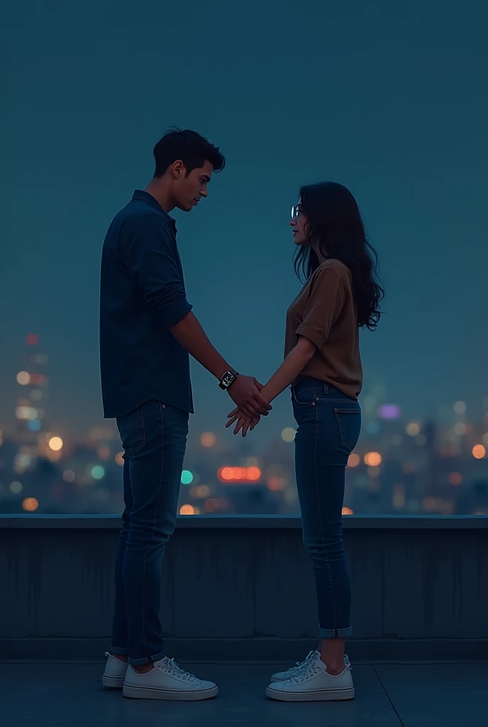 On the rooftop at night, a young man wearing a dark blue shirt, jeans, white shoes and smart watch tries to stop his girlfriend, the girl is wearing a brown top and jeans and is also wearing glasses, the girl is leaving the boy.