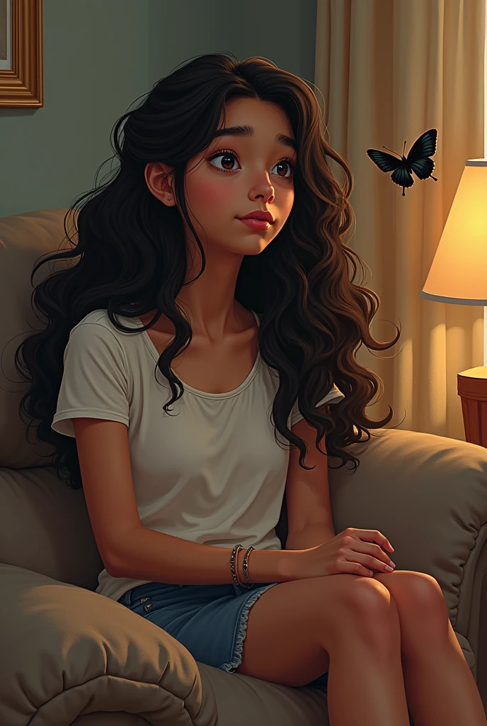 A long curly haired girl on the couch at her house black ager black hair brown not so white not so black very brown thinking about a woodpecker butterfly