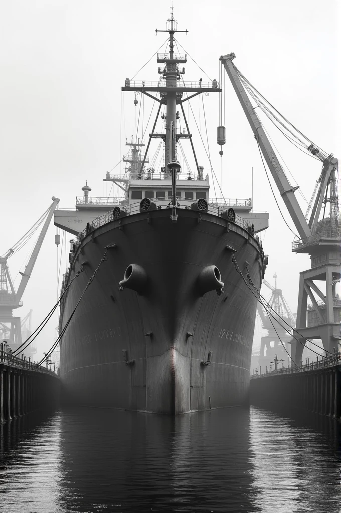 Cargo ship in a port with no people black and white