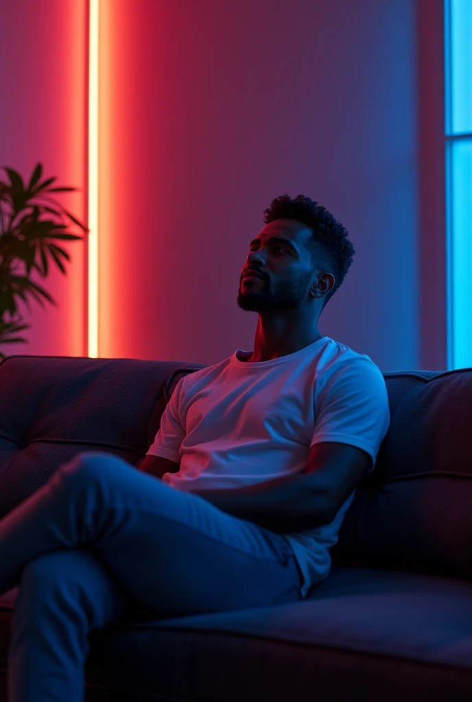 A Man Sitting in sofa and chilling in the middle of the room at night time with neon lights reflecting on his face