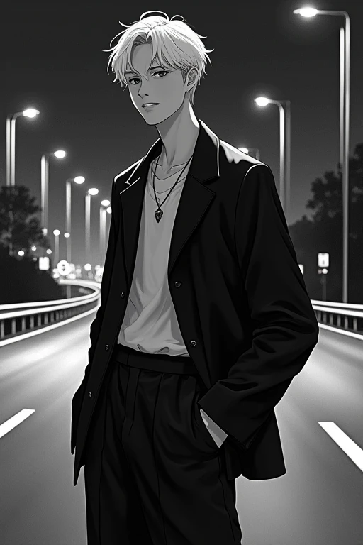 ((masterpiece)), (((best quality))), chromatic lighting,
colorized, white + black limited color palette,
detailed concept drawing,
Along a highway, nighttime, street fashion, no weird object on his face,
portrait, 25yo 1guy, slender, wide pants, short white hair, black eyes, smiling