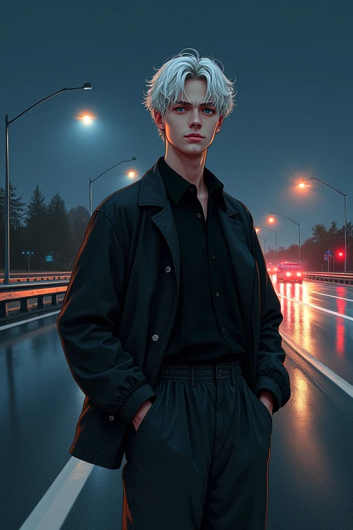 ((masterpiece)), (((best quality))), chromatic lighting,
colorized, white + black limited color palette,
detailed concept drawing,
Along a highway, nighttime, street fashion, no weird object on his face,
portrait, 25yo 1guy, slender, wide pants, short white hair, black eyes, smiling