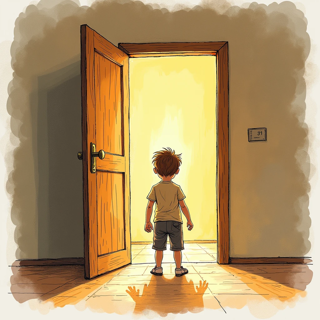 Hand-drawn illustration of a facing a closed door with light streaming through a crack. The child looks curious and determined, symbolizing opportunities beyond resistance. The hallway is warm and inviting