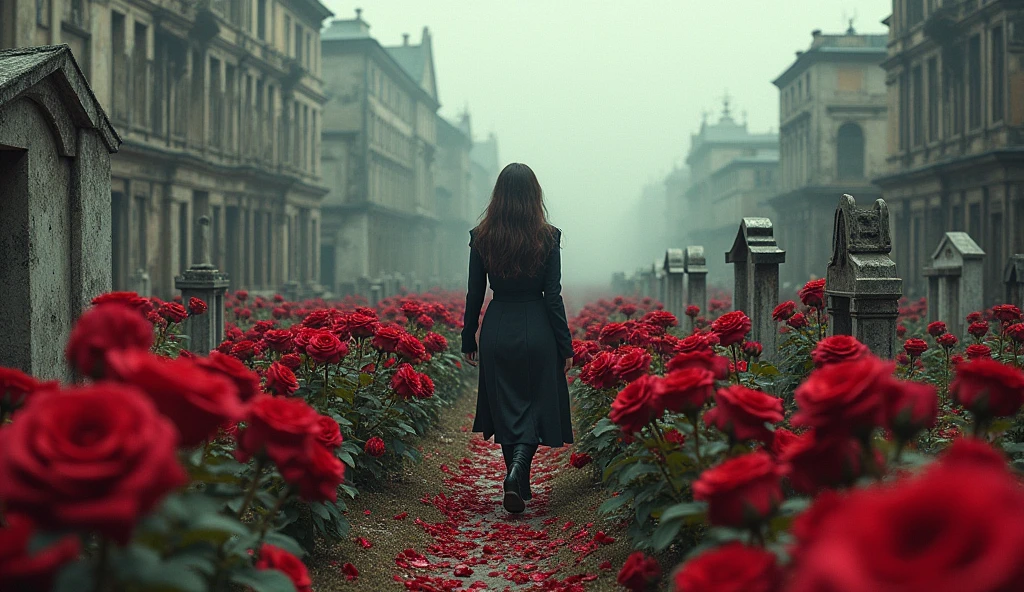 2024; (masterpiece, best quality) destroyed city roses on the floor(Dacar); woman walking in a cemetery with millions of roses on the ground.