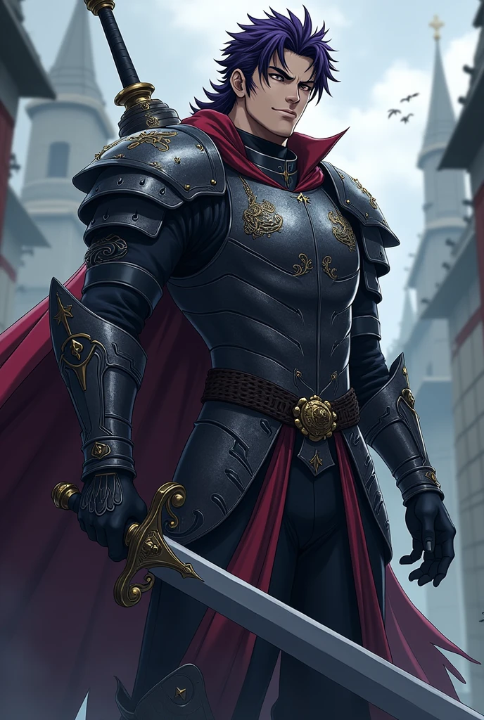 A character for my role-playing game has to look like this; man, noting that it measures 1.20cm tall, Tez blanca, hair between very dark purple and black, carrying a very large and heavy sword on his back, wearing semi-heavy armor, with a big arrogant smile on his face, in the style of medieval anime role-playing, doing a pose from the anime jojos bizarre adventure, with medium musculature, with shading in the style of the anime jojos bizarre adventure, 1