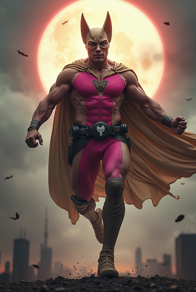 Malaysia man in high-tech suit, vivid effects, malaysian superhero (KELUANG MAN) in a striking pink and brown beige costume cyberpunk design((, mask small mini bat ear beige,)) daredevil beige mask, jumpsuit dark pink stands confidently in a dramatic.jumping from high place.hero costume.one hand rise up. (Big triangle logo on the chest.high detail Punisher logo on the chest)). jumping from hight place. Fighting pose , stormy landscape. ((Head covered node guard like batman. Running pose , athletic body type, small mini ear bat mask))The character wears domino mask a helmet with pointed mini torn ears and a flowing cape biege, open nose and mouth. Equipped with visible futuristic weapons on a belt,bullet proof jacket pink dark day.show fingers pose, dark night, big supermoon effect . Small logo on chest triangle shape small ((mitch gerads punisher ))logo center triangle cyber logo center on chest pink logo mini logo . rocky. Building top.smoke ground , bomb effect background, losse pants, losses costume.adding to --ar 3:4 --style raw --stylize 500 --v 6.1. chaos. Lot of small flying bat. One leg on the high stone. Man. Backpack . Real man age 40 year old. One hand holding belt. Jump from high place. Open cape. Holding black rope