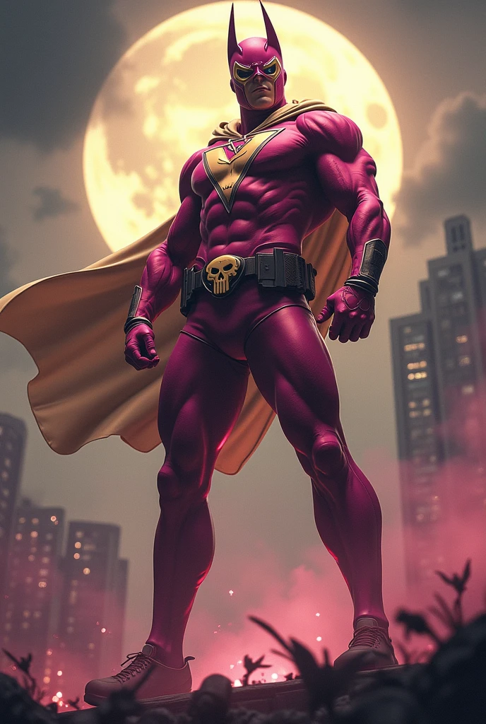 Malaysia man in high-tech suit, vivid effects, malaysian superhero (KELUANG MAN) in a striking pink and brown beige costume cyberpunk design((, mask small mini bat ear beige,)) daredevil beige mask, jumpsuit dark pink stands confidently in a dramatic.jumping from high place.hero costume.one hand rise up. (Big triangle logo on the chest.high detail Punisher logo on the chest)). jumping from hight place. Fighting pose , stormy landscape. ((Head covered node guard like batman. Running pose , athletic body type, small mini ear bat mask))The character wears domino mask a helmet with pointed mini torn ears and a flowing cape biege, open nose and mouth. Equipped with visible futuristic weapons on a belt,bullet proof jacket pink dark day.show fingers pose, dark night, big supermoon effect . Small logo on chest triangle shape small ((mitch gerads punisher ))logo center triangle cyber logo center on chest pink logo mini logo . rocky. Building top.smoke ground , bomb effect background, losse pants, losses costume.adding to --ar 3:4 --style raw --stylize 500 --v 6.1. chaos. Lot of small flying bat. One leg on the high stone. Man. Backpack . Real man age 40 year old. One hand holding belt. Jump from high place. Open cape. Holding black rope