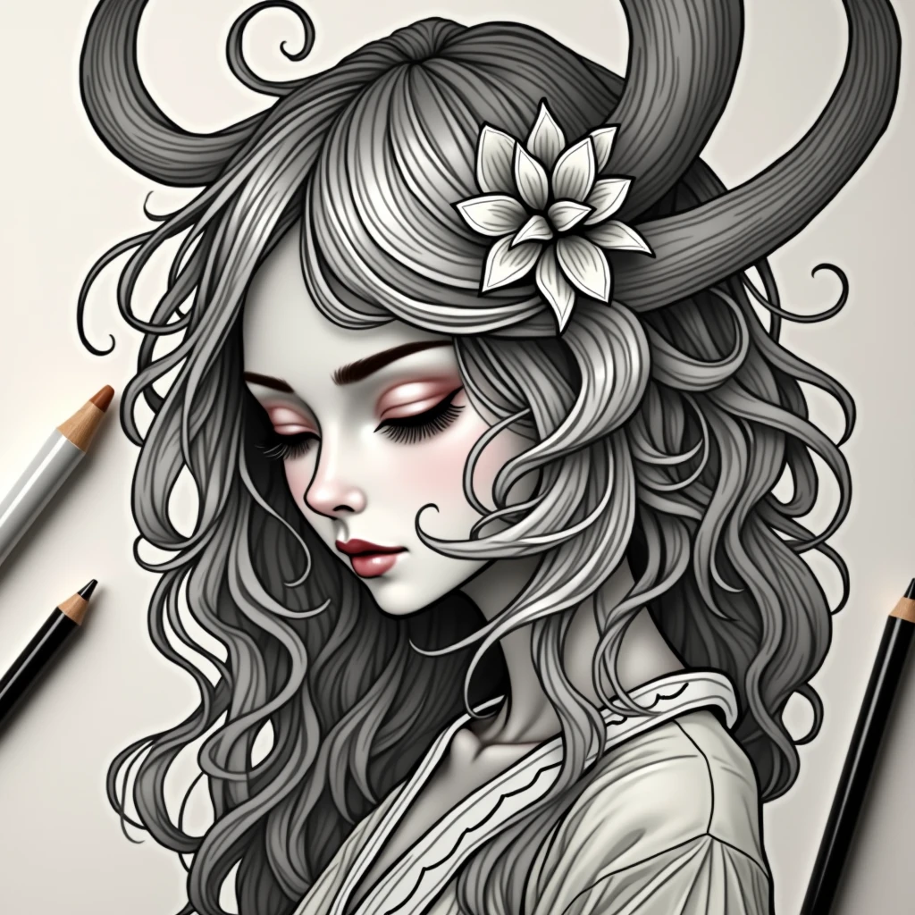 Central Focus on the Face: The main element would be a woman's face, drawn with soft, flowing lines inspired by Art Nouveau. The facial expression would be calm, with defined yet elegant features typical of the neo traditional style, ensuring the focus remains on the beauty of the figure.
Flowing Hair as a Main Element: The hair would be the most prominent part of the design, flowing outward from the head in gentle, curved strands, typical of Art Nouveau. It would spread to frame the face in an organic, decorative manner without being overly complex. The hair would have depth and some shading but would avoid excessive detail to keep the design focused.
Ornamental Detail in the Hair: Subtle floral or vine-like details could be integrated into the hair, staying true to Art Nouveau's decorative style, but without overwhelming the design. These elements would enhance the overall look, adding just enough flair to keep the tattoo interesting without being cluttered.
Neo Traditional Bold Lines: The outline of the face and hair would use bold lines, keeping the neo traditional clarity while allowing the elegance of Art Nouveau’s curves to shine through.