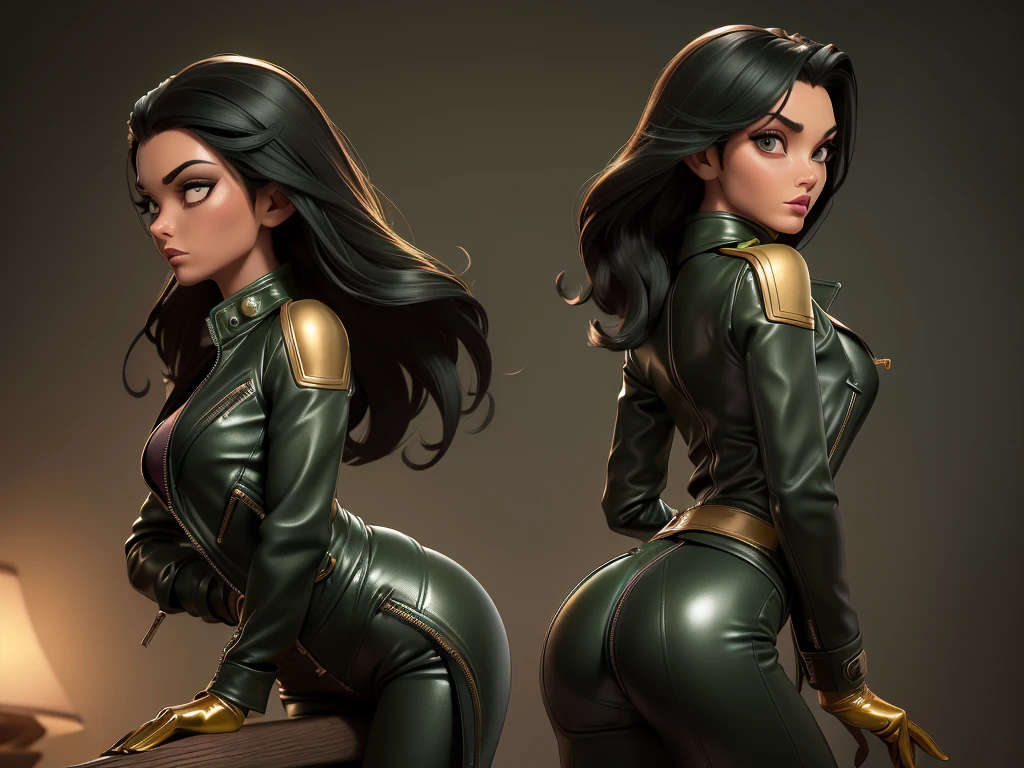 obra prima, melhor qualidade, ((only two women,)) ((carolyn jones, dark tan skin, long straight black hair, heavy makeup eye shadow,)) (((wearing thigh length forest green metallic leather jacket,))) (((jacket is zipped up, jacket covers waist and ass,))) ((jacket has stiff high collar,)) ((gold pvc gloves,)) body is very skinny, standing up, (((arched back, shoulders leaning way back, hips twisting, head tilted way back, chin up,))) ((camera side view, extreme closeup view of upper body,)) shallow depth of field, highres, HD, 8k, anatomically correct