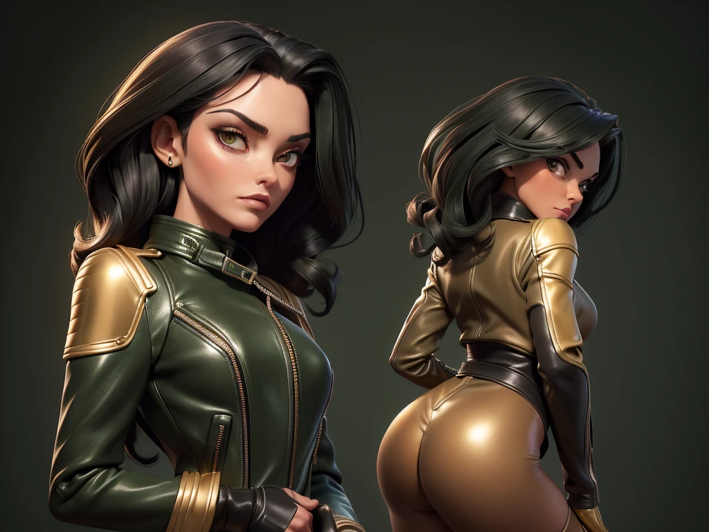 obra prima, melhor qualidade, ((only two women,)) ((carolyn jones, dark tan skin, long straight black hair, heavy makeup eye shadow,)) (((wearing thigh length forest green metallic leather jacket,))) (((jacket is zipped up, jacket covers waist and ass,))) ((jacket has stiff high collar,)) ((gold pvc gloves,)) body is very skinny, standing up, (((arched back, shoulders leaning way back, hips twisting, head tilted way back, chin up,))) ((camera side view, extreme closeup view of upper body,)) shallow depth of field, highres, HD, 8k, anatomically correct
