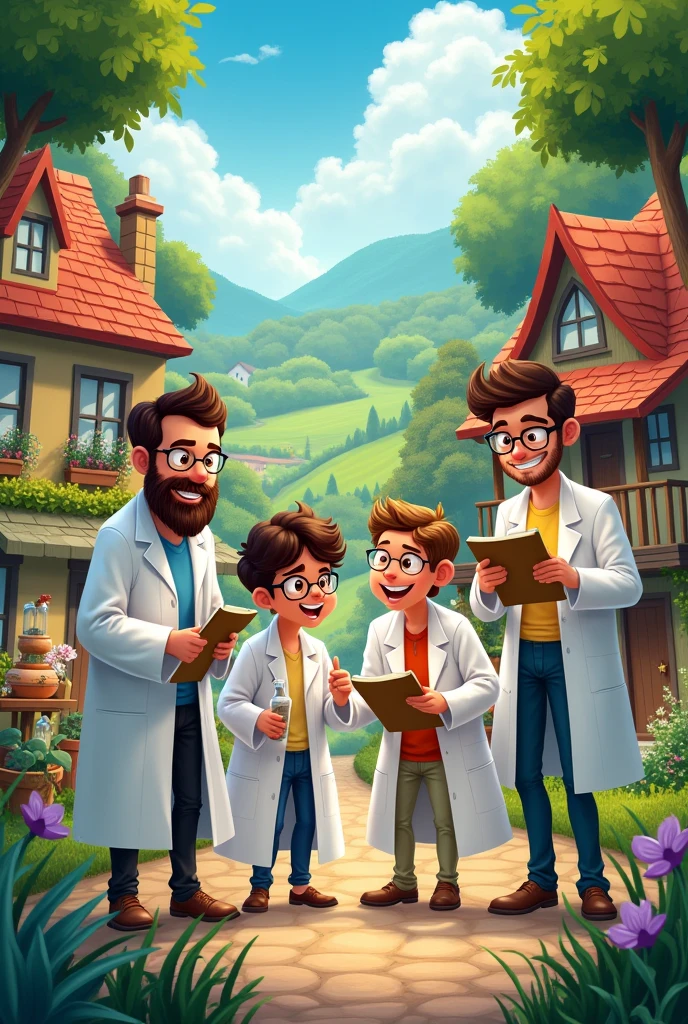 Happy scientists in a village