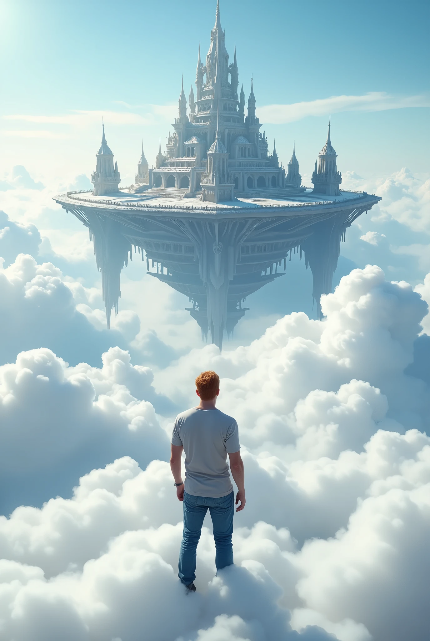 The endless plain of clouds. A 40yr old man with reddish-blonde hair wearing a t-shirt and jeans, strong posture. He is between the fluffy white clouds, knee-deep in clouds, and looking at a beautiful, magnificent flying fantasy city with intricate details. The city is floating in the air above the clouds. The city has a heptagonal symmetrical shape, the corner towers are connected to the central part by galleries and passages. The city is both a defensive structure and a masterpiece of architecture. It has a futuristic look, but at the same time fantasy fairy tale outlines. ((masterpiece, highest quality, Highest image quality, High resolution, photorealistic, Raw photo, 8K)), ((Extremely detailed CG unified 8k wallpaper)), seen from behind,