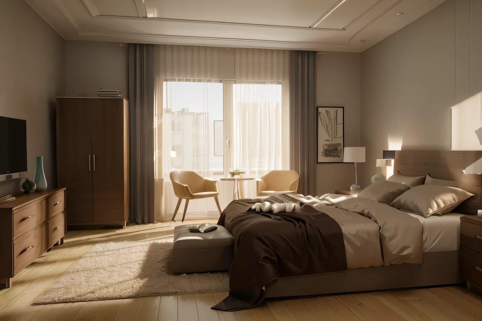 arafed bedroom with a bed, dresser, and television in it, bedroom interior, rendered in vray, dim bedroom, vray rendered, high quality rendering, bed room, vray render 4 k, vray render 4k, small bedroom, render vray, natural light in room, render in vray, well lit 3 d render, realisticdetails:0.8, modern bedroom design, interior design, furniture, bedroom, detailed furniture, high quality, realistic texture, ultra real, UHD, clean organized bed, made bed